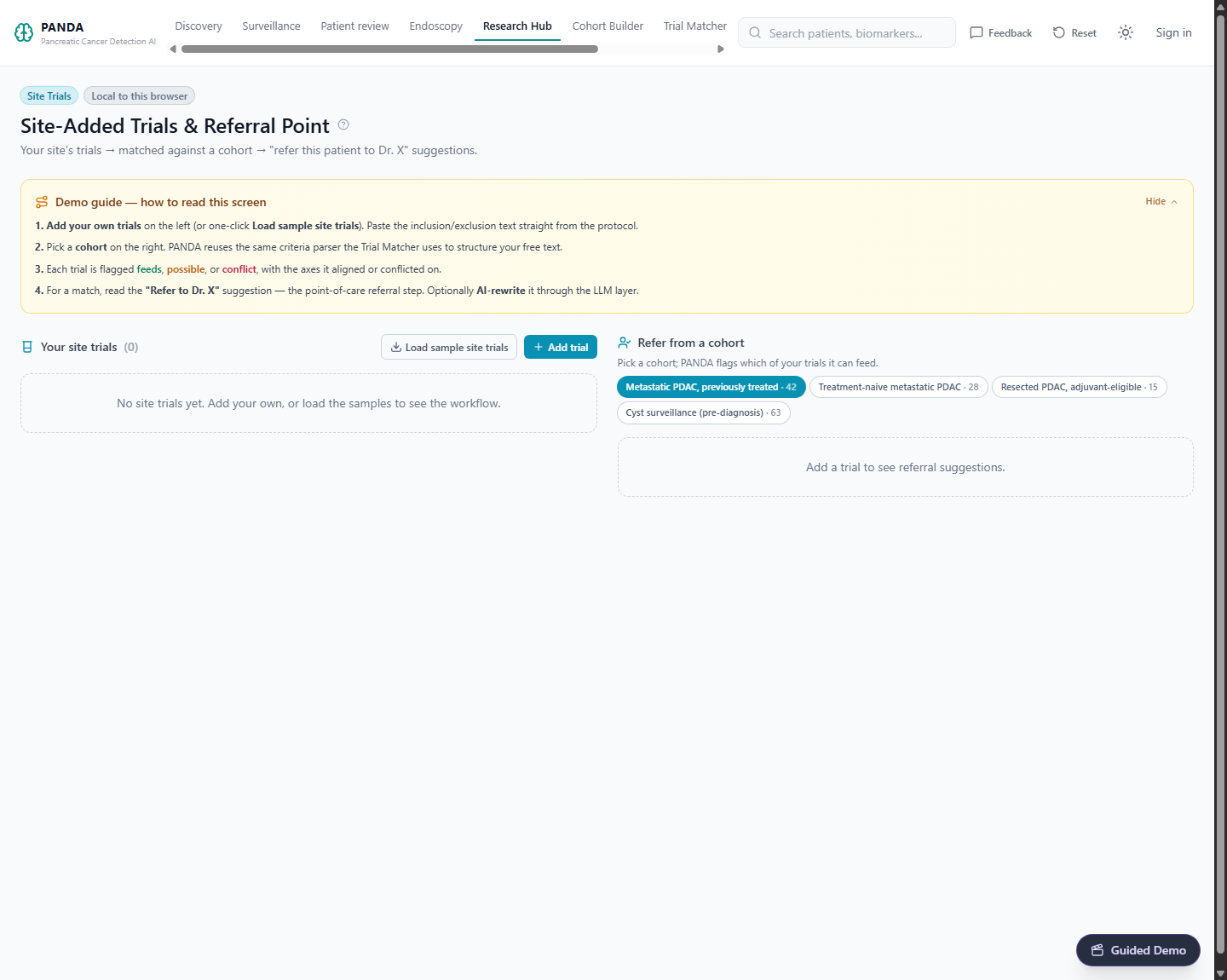 The site-added trials screen